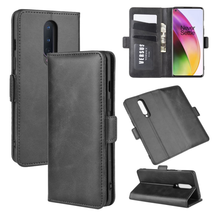 Black leather flip phone case with magnetic buckle, card slots, and stand