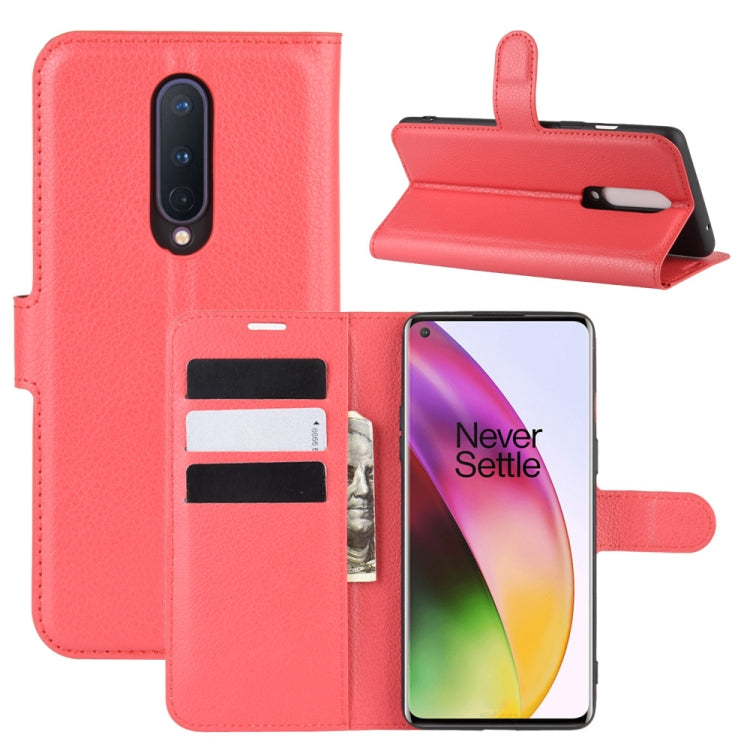 Flip wallet case for OnePlus 8, red litchi-texture with card slots and stand
