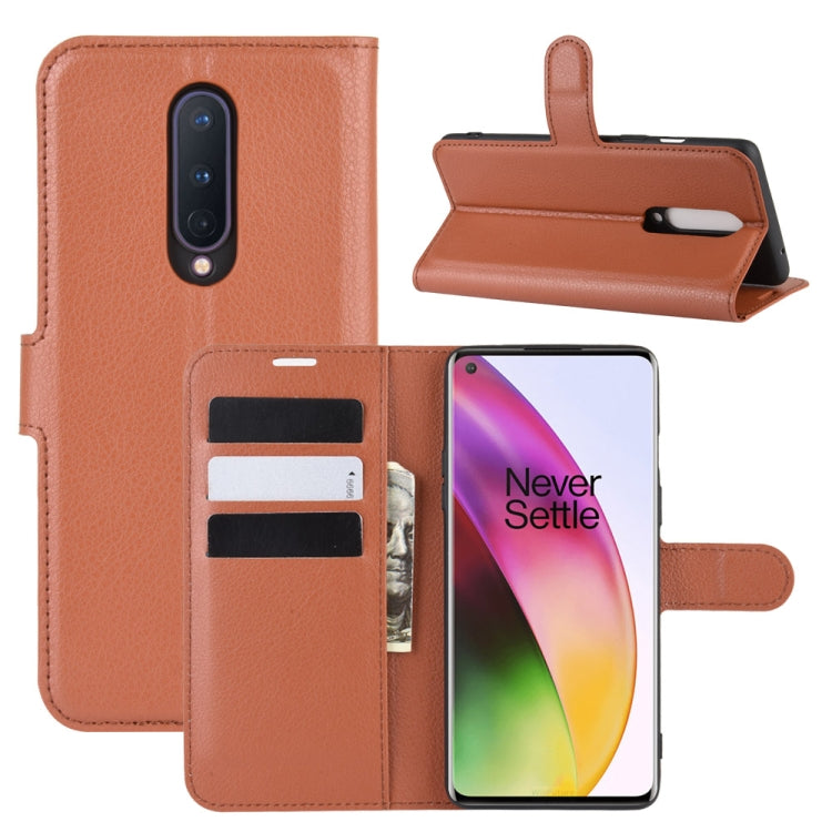 Flip wallet case for OnePlus 8, brown litchi-texture with card slots and stand