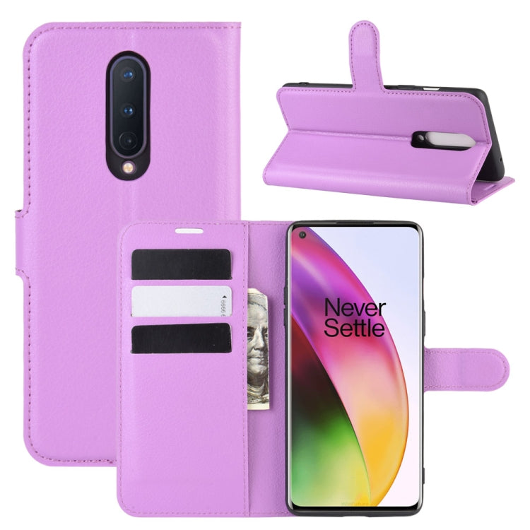 Flip wallet case for OnePlus 8, purple litchi-texture with card slots and stand
