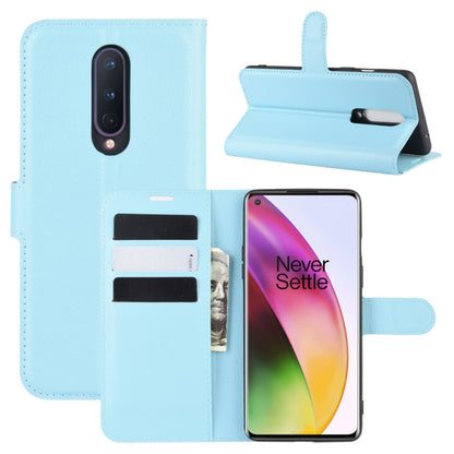 Flip wallet case for OnePlus 8, light blue litchi-texture with card slots and stand