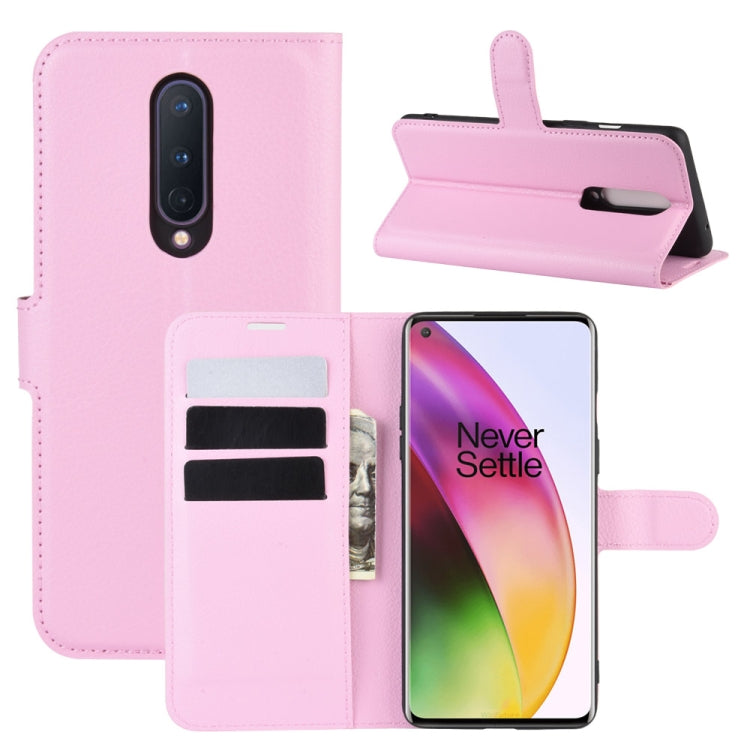 Flip wallet case for OnePlus 8, pink litchi-texture with card slots and stand