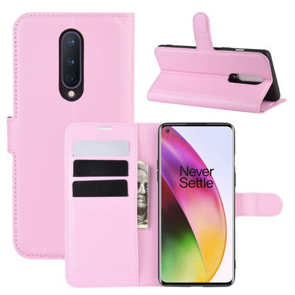 Flip wallet case for OnePlus 8, pink litchi-texture with card slots and stand