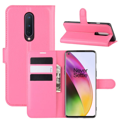 Flip wallet case for OnePlus 8, rose red litchi-texture with card slots and stand