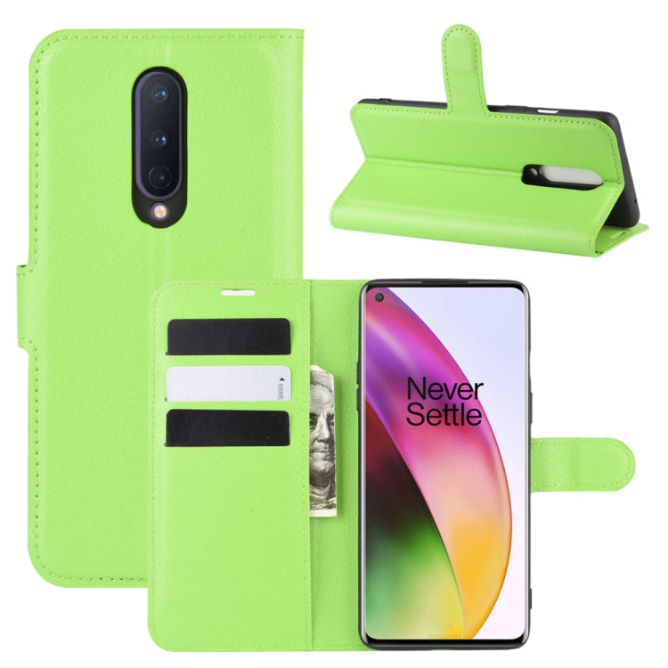 Flip wallet case for OnePlus 8, green litchi-texture with card slots and stand