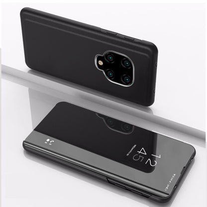 Black mirror flip leather phone case with holder, shown closed and reflected on the front.