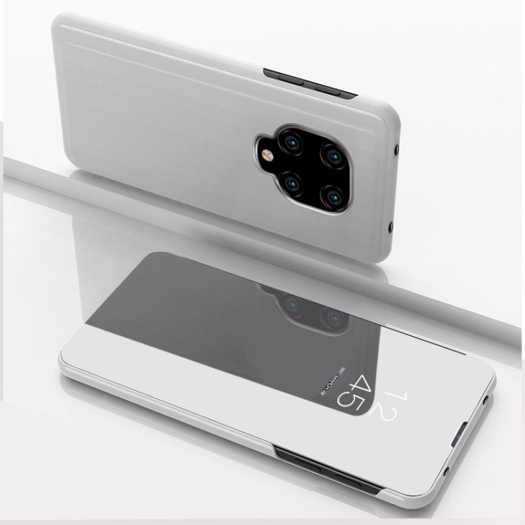 Silver mirror flip leather phone case with holder, rear camera cutout and front flap shown.