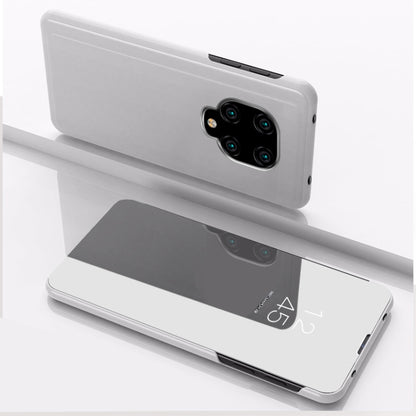 Silver mirror flip leather phone case with holder, rear camera cutout and front flap shown.