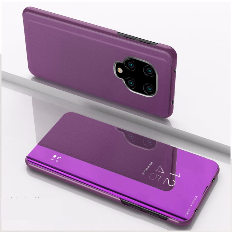 Purple mirror flip leather phone case with holder, camera cutout visible