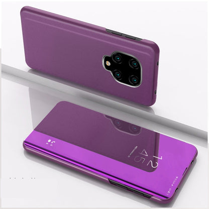 Purple mirror flip leather phone case with holder, camera cutout visible