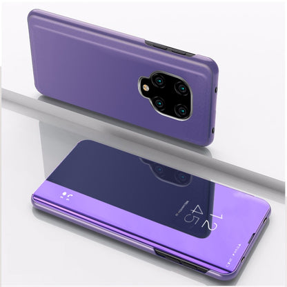 Purple mirror flip leather phone case with holder, front mirror panel shown