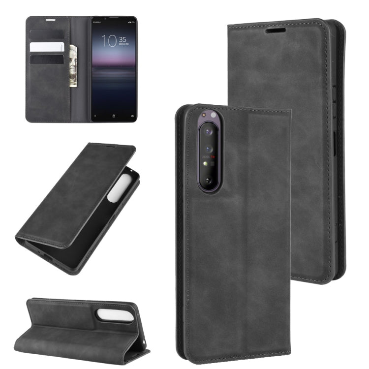 Magnetic leather wallet case with card slots for Sony Xperia 1 II, black, open view.