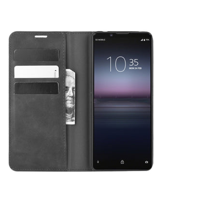 Magnetic leather wallet case for Sony Xperia 1 II, black front with phone and card slots.