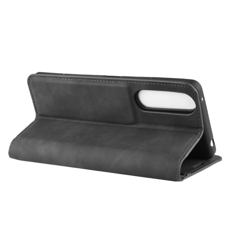 Magnetic leather wallet case for Sony Xperia 1 II, black stand style with cutout.