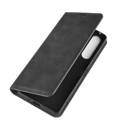 Magnetic leather wallet case for Sony Xperia 1 II, black flip cover with cutout.
