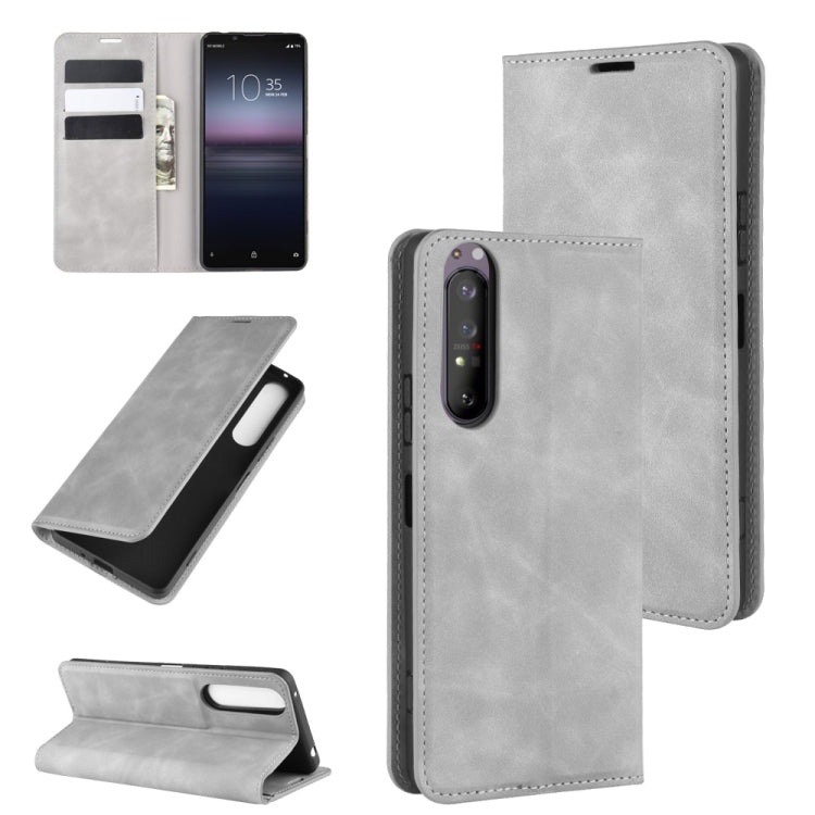 Grey magnetic leather phone wallet case with card slots and fold stand