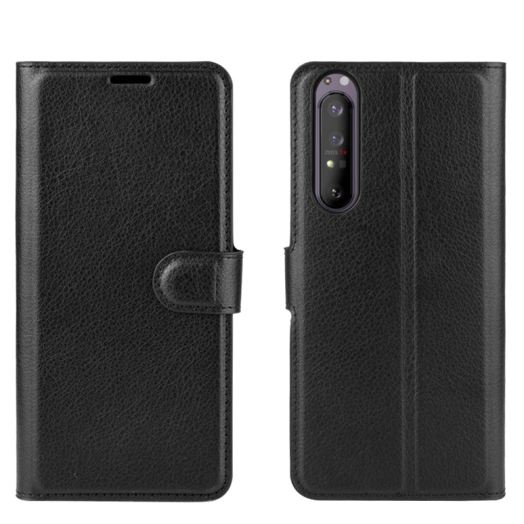 Black leather-texture flip case with magnetic strap closure for Xperia 1 II