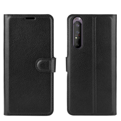 Black leather-texture flip case with magnetic strap closure for Xperia 1 II