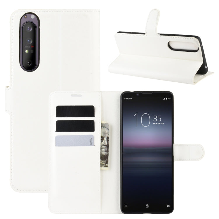 White litchi-texture horizontal flip phone wallet case with card slots and stand