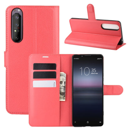 Red litchi-texture horizontal flip phone wallet case with card slots and holder