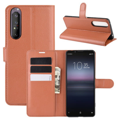 Tan litchi-texture horizontal flip phone wallet case with card slots and stand