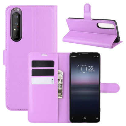 Purple litchi-texture horizontal flip phone wallet case with card slots and holder