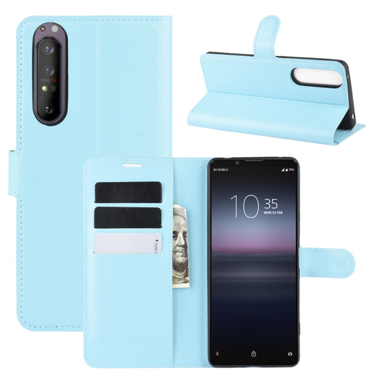 Light blue litchi-texture horizontal flip phone wallet case with card slots and stand