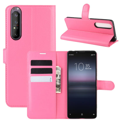 Rose red litchi-texture horizontal flip phone wallet case with card slots and stand