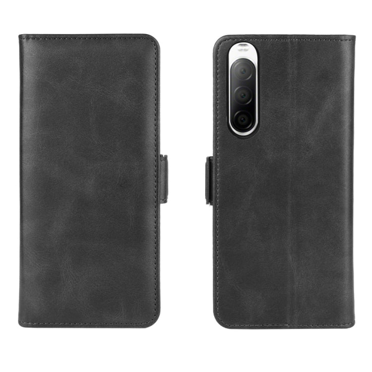 Black leather flip phone case with dual camera cutout and side magnetic strap tabs