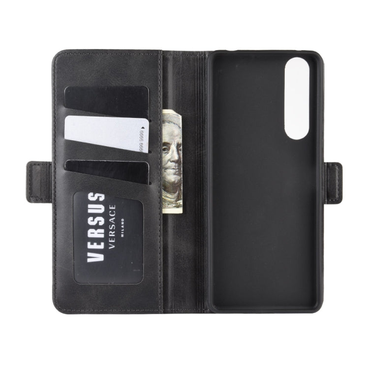 Black leather folio flip case with card slots, phone holder, and magnetic side strap
