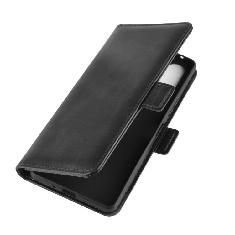Black leather wallet flip case with card pocket and front cover strap closure