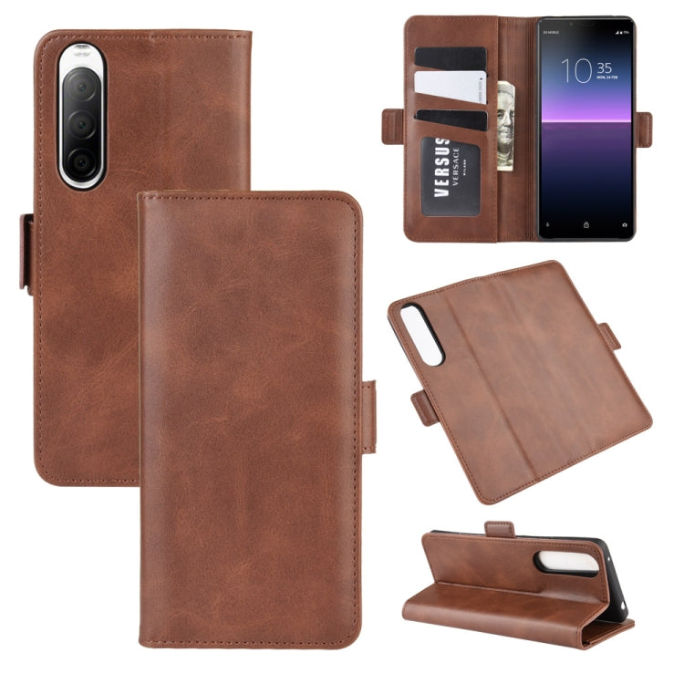 Brown leather flip phone case with magnetic buckle, card slots, and viewing stand