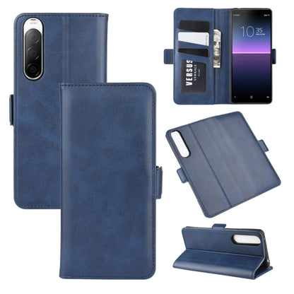 Dark blue leather flip phone case with magnetic buckle, card slots, and kickstand