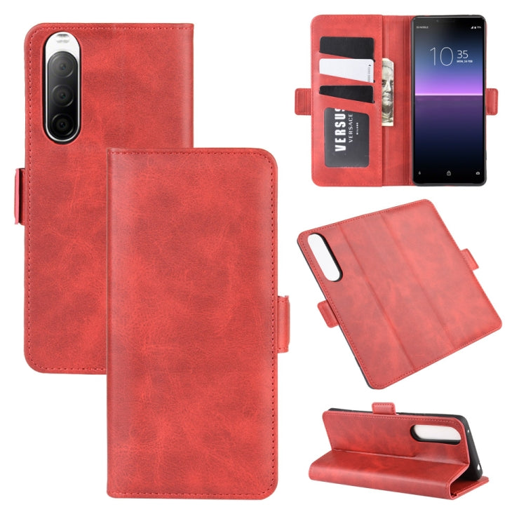 Red leather flip phone case with magnetic buckle, card slots, and folding stand