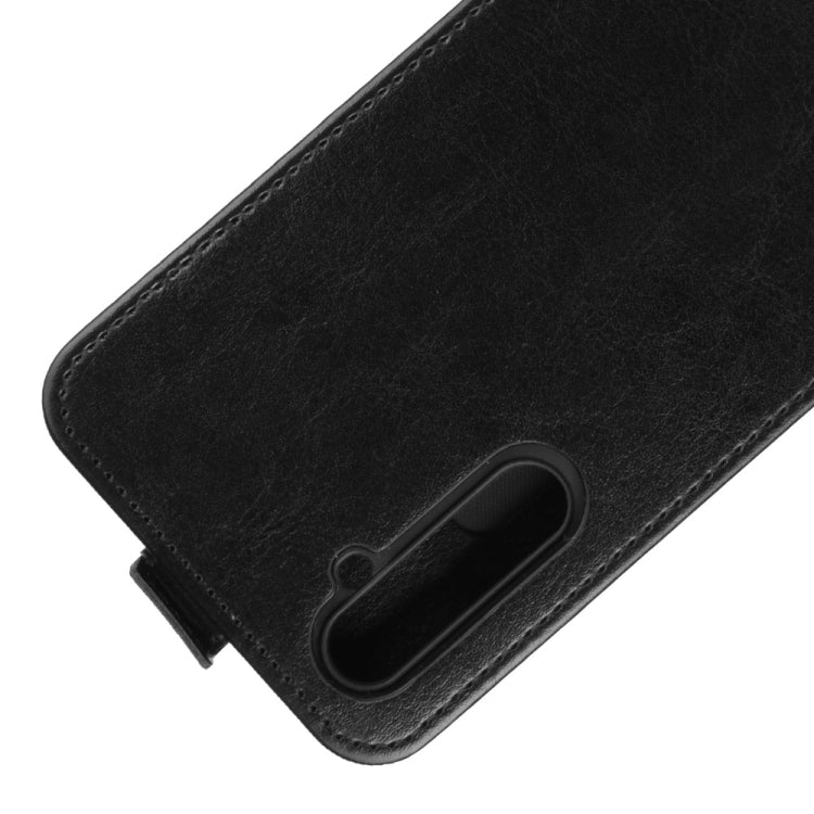 Black leather flip phone case with cutout for camera and speaker