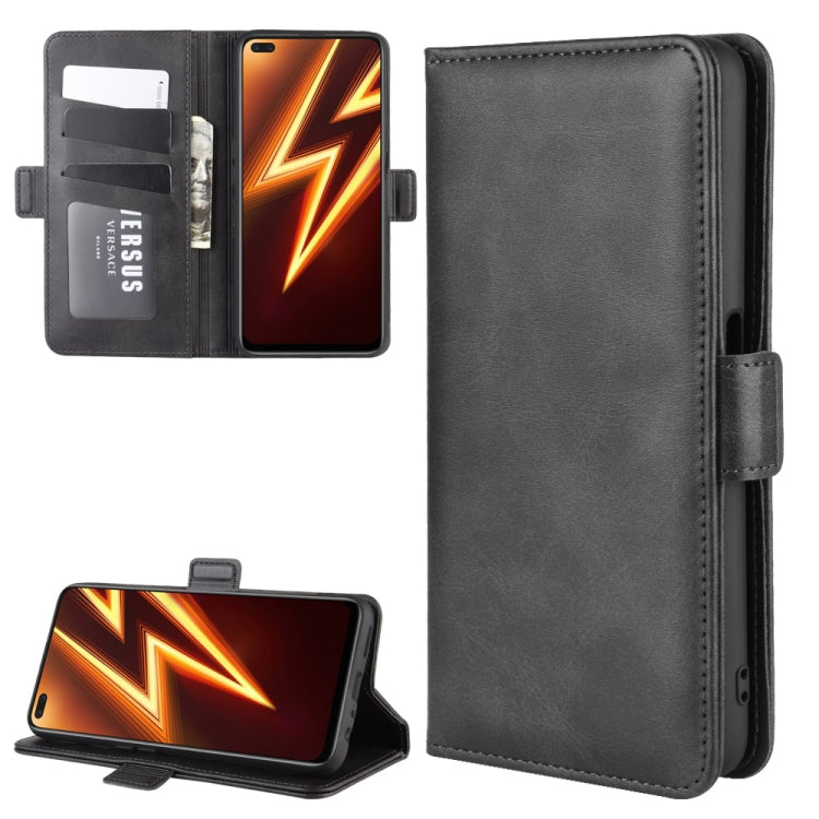 Black leather flip phone case with magnetic buckle, card slots, and stand view