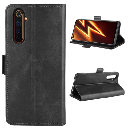 Black leather phone flip case with card slots, back camera cutout, and kickstand