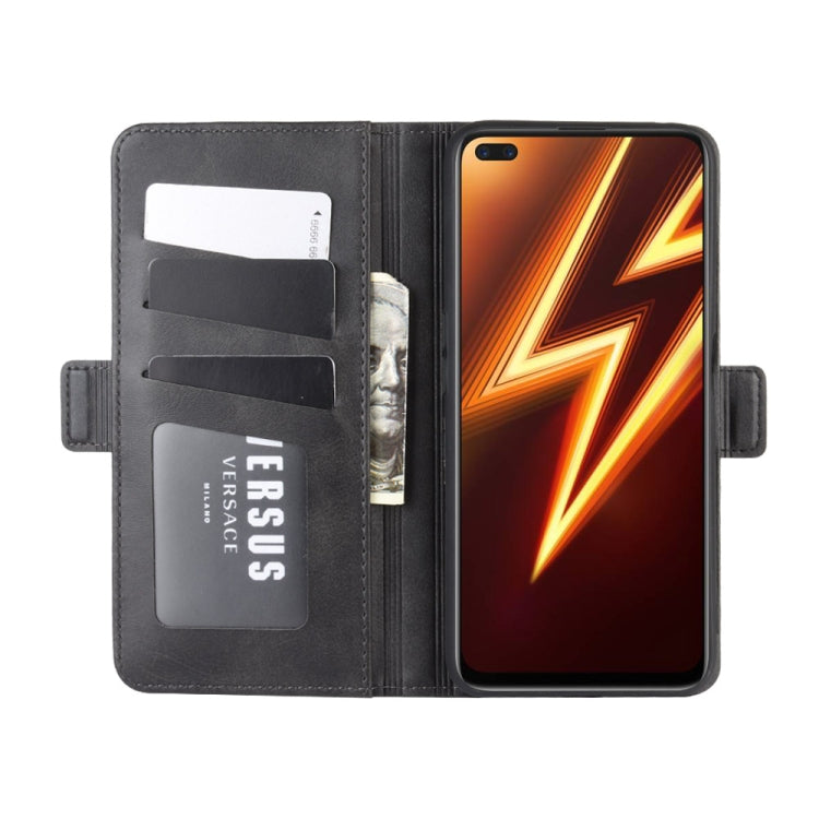 Black leather flip wallet phone case with card slots, phone screen inside
