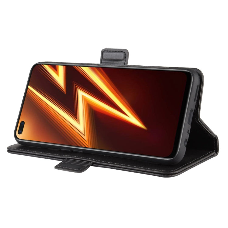Black leather flip phone case with horizontal stand for landscape viewing