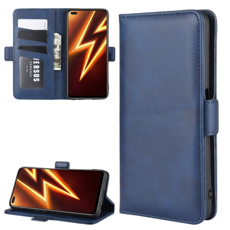 Dark blue flip leather phone case with card slots, magnetic buckle, and kickstand