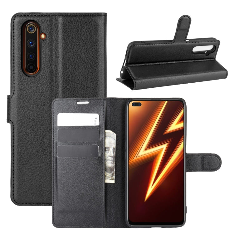 Black litchi-texture flip wallet case for Realme 6 Pro, with card slots and stand holder
