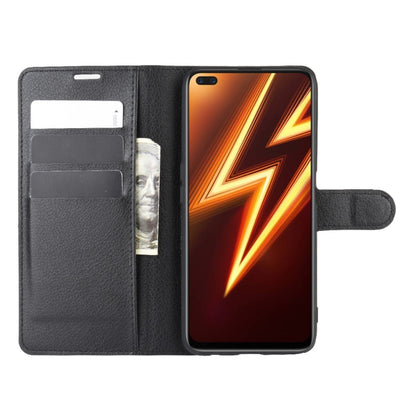 Black flip wallet case for Realme 6 Pro, front view with card holder panel