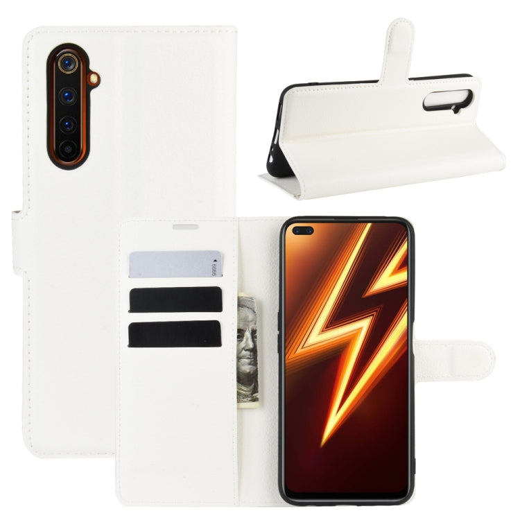 White litchi-texture flip wallet case for Realme 6 Pro, with card slots and stand holder