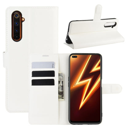 White litchi-texture flip wallet case for Realme 6 Pro, with card slots and stand holder