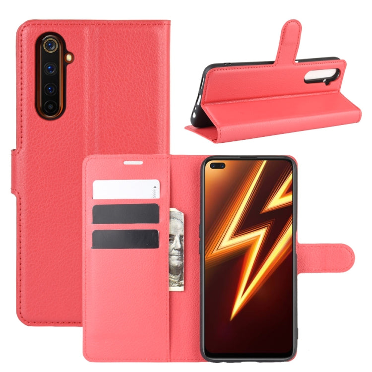 Red litchi-texture flip wallet case for Realme 6 Pro, with card slots and stand holder