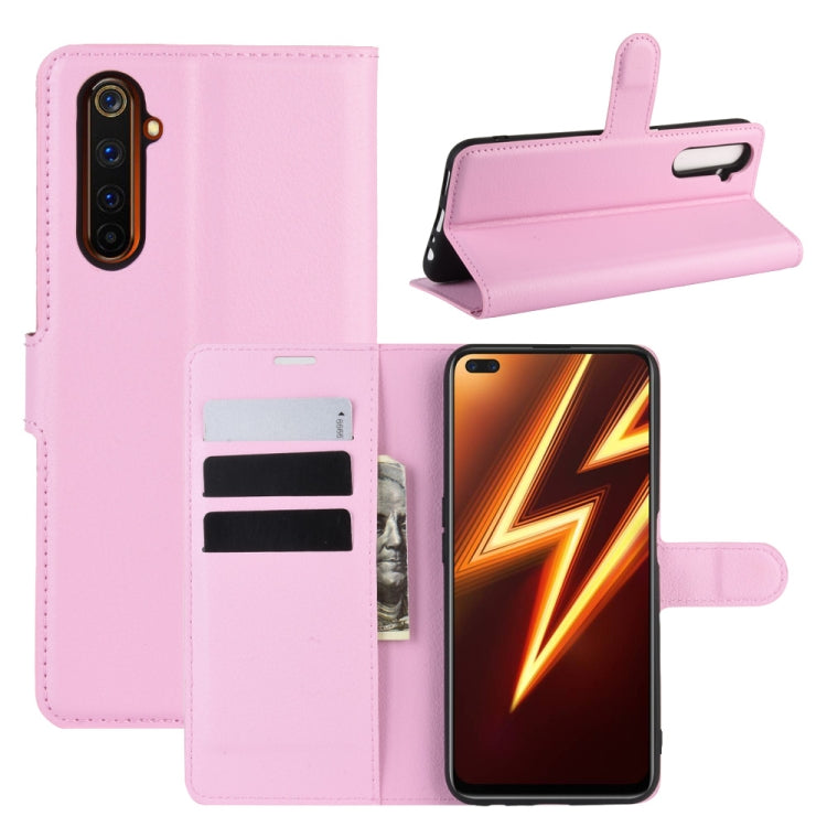 Pink litchi-texture flip wallet case for Realme 6 Pro, with card slots and stand holder
