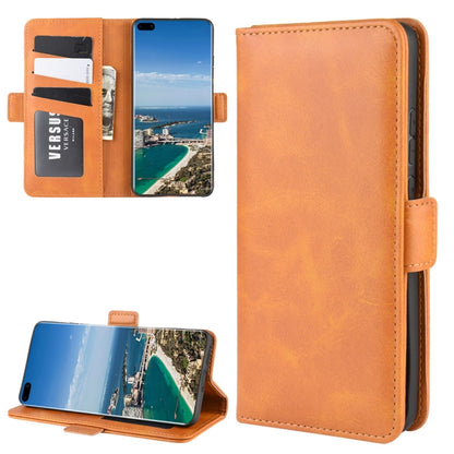 Orange leather flip phone case with card slots, magnetic buckle, and stand holder