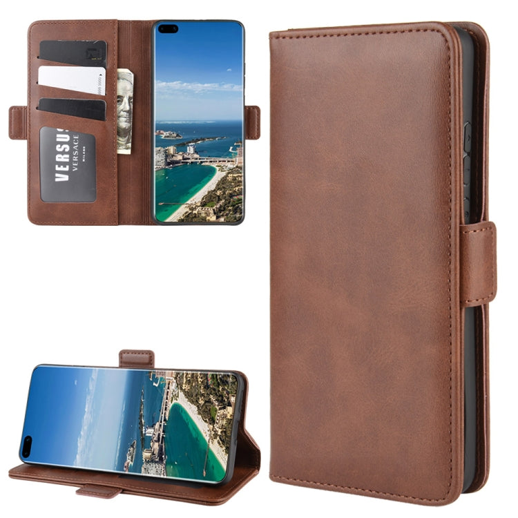 Brown leather flip phone case with card slots, magnetic buckle, and stand holder