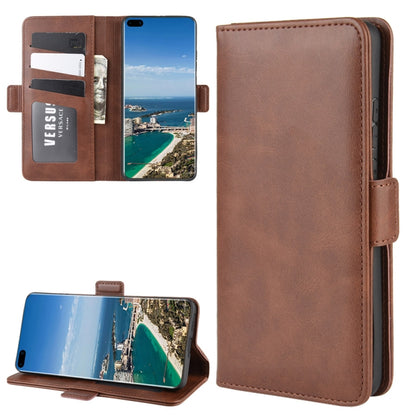 Brown leather flip phone case with card slots, magnetic buckle, and stand holder
