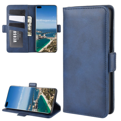 Blue leather flip phone case with card slots, magnetic buckle, and stand holder